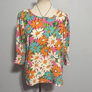 BiBi Floral 3/4 Sleeve Top - Pink Orange Aqua